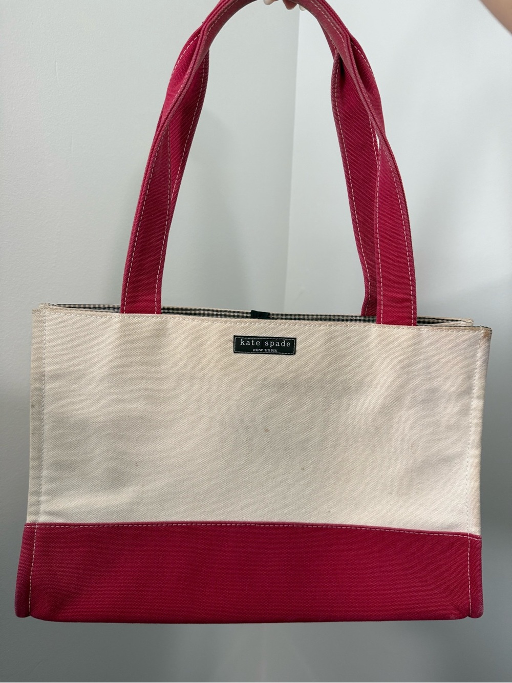 Kate Spade Vintage Canvas Shopper Tote Top Handle Bag Cream and Pink